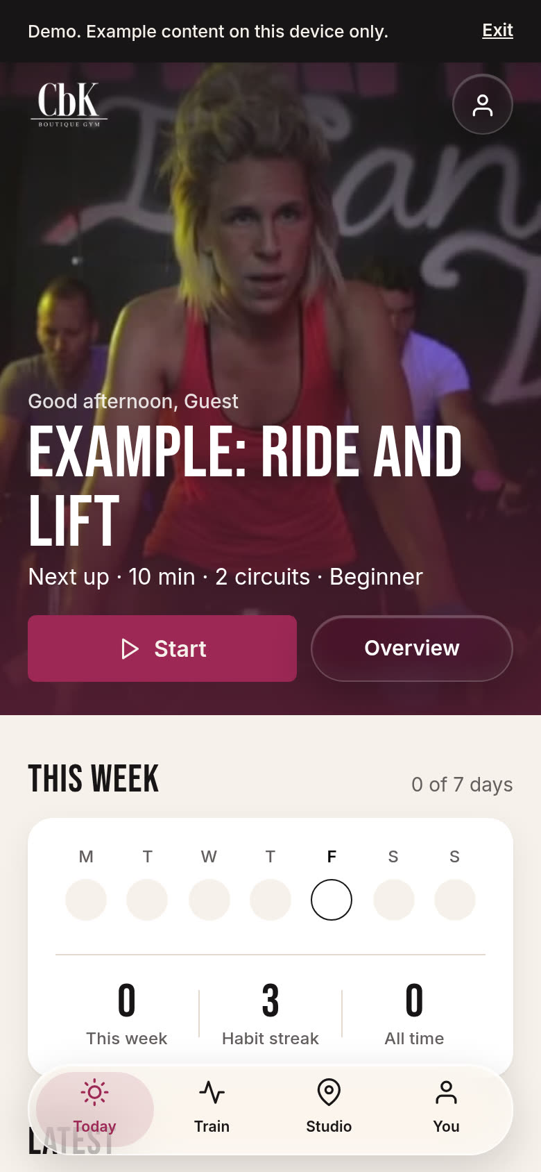 The CbK app home screen with the next workout, a weekly count and today’s habits